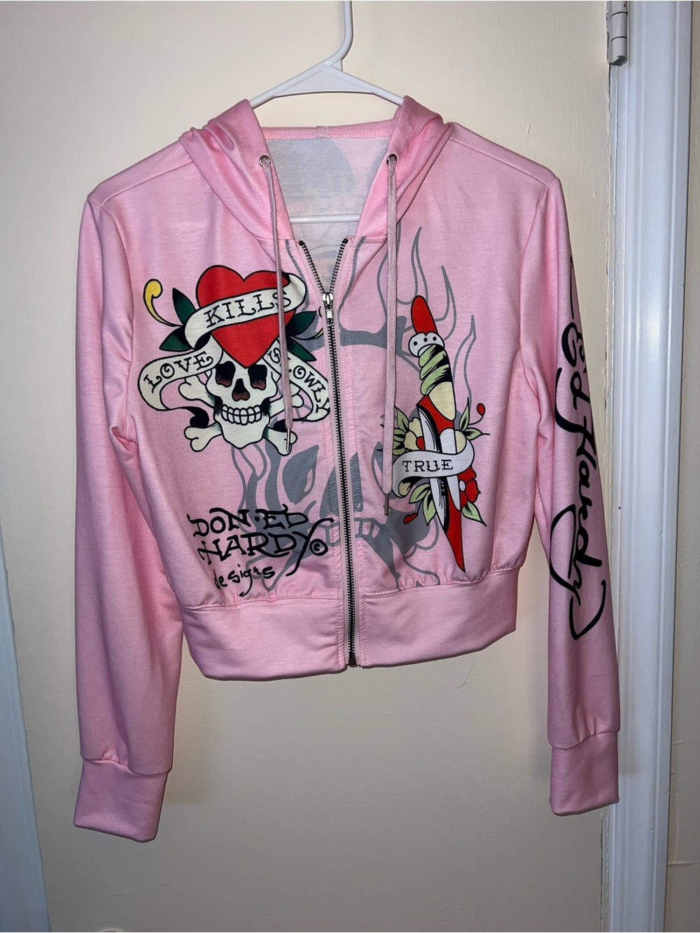 Ed Hardy Pink Tattoo-Print Zip Hoodie